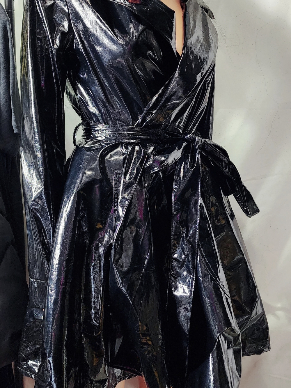 Glossy Black Faux-Leather Wrap Dress with Tie Waist